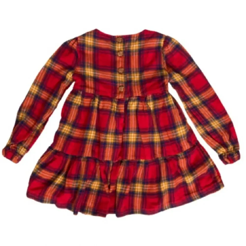 Tahari Plaid Red Yellow Long Sleeve Seersucker Apple Button Dress Toddler 2T